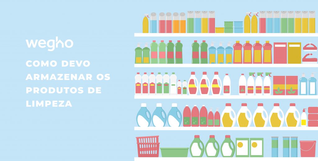 Como devo armazenar produtos de limpeza - produtos de limpeza organizados numa estante - organizar produtos de limpeza na despensa